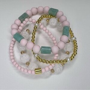Pink, frost white, mint and gold Beaded Bracelet Set stack bracelets